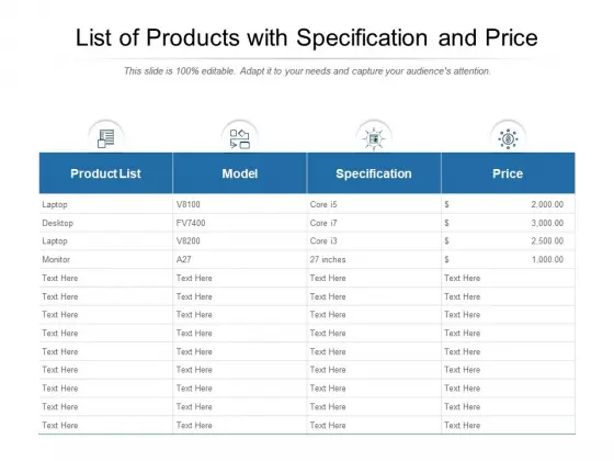 List Of Products With Specification And Price Ppt PowerPoint Presentation Gallery Backgrounds PDF