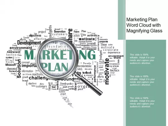 Marketing Plan Word Cloud With Magnifying Glass Ppt Powerpoint Presentation File Slides