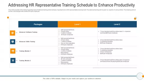 Modern HR Service Operations Addressing HR Representative Training Schedule To Enhance Productivity Elements PDF