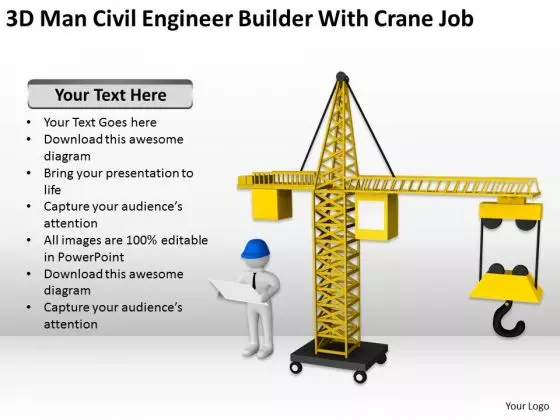 Men At Work Business As Usual 3d Man Civil Engineer Builder With Crane Job PowerPoint Slides