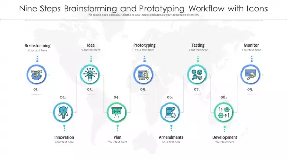 Nine Steps Brainstorming And Prototyping Workflow With Icons Ppt PowerPoint Presentation File Model PDF