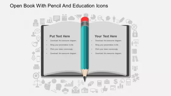 Open Book With Pencil And Education Icons Powerpoint Template