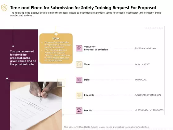 Preventive Measures Workplace Time And Place For Submission For Safety Training Request For Proposal Summary PDF