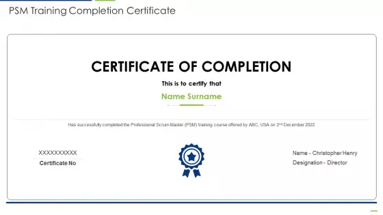 Professional Scrum Master PSM Training Completion Certificate Elements PDF