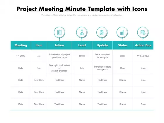 Project Meeting Minute Template With Icons Ppt PowerPoint Presentation Ideas Diagrams