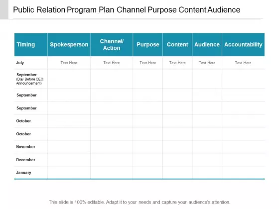 Public Relation Program Plan Channel Purpose Content Audience Ppt Powerpoint Presentation File Topics