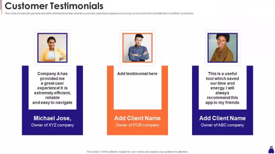 Round A Capital Raising Pitch Customer Testimonials Ppt Infographics Example Introduction PDF