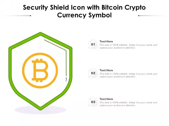 Security Shield Icon With Bitcoin Crypto Currency Symbol Ppt PowerPoint Presentation Pictures Skills PDF