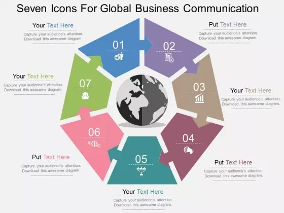 Seven Icons For Global Business Communication Powerpoint Templates