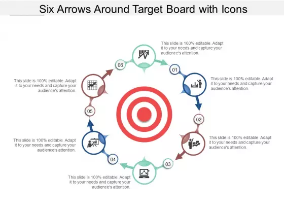Six Arrows Around Target Board With Icons Ppt Powerpoint Presentation Example