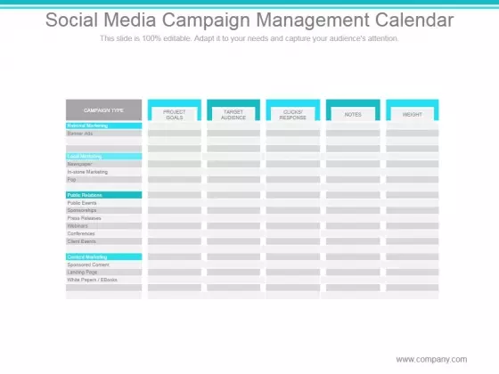 Social Media Campaign Management Calendar Ppt PowerPoint Presentation Clipart