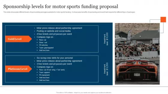 Sponsorship Levels For Motor Sports Funding Proposal Slide Summary PDF
