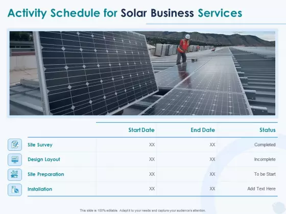 Sun Energy Dealing Activity Schedule For Solar Business Services Ppt Styles Vector PDF