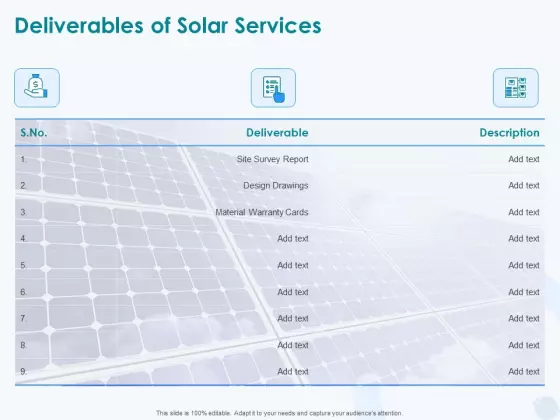 Sun Energy Dealing Deliverables Of Solar Services Ppt Portfolio Clipart PDF