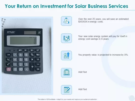 Sun Energy Dealing Your Return On Investment For Solar Business Services Ppt Gallery Design Templates PDF