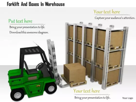 Stock Photo Forklift And Boxes In Warehouse PowerPoint Slide