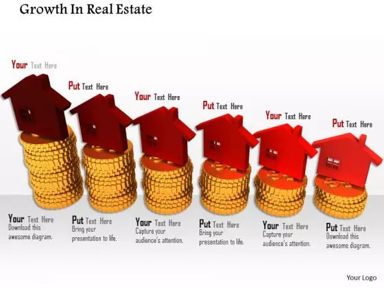 Stock Photo Red House Icons On Gold Coins PowerPoint Slide