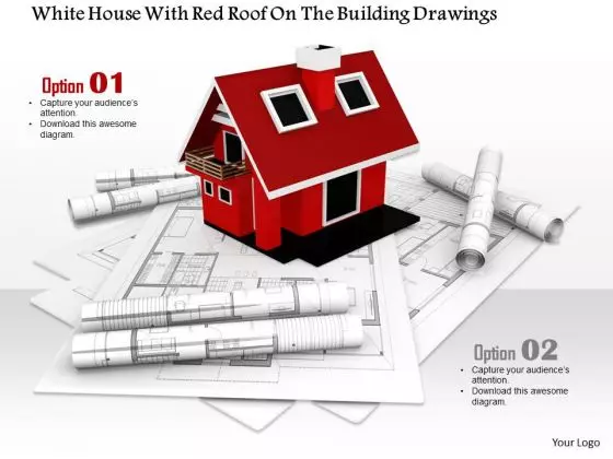 Stock Photo Red House Model With Building Drawings PowerPoint Slide