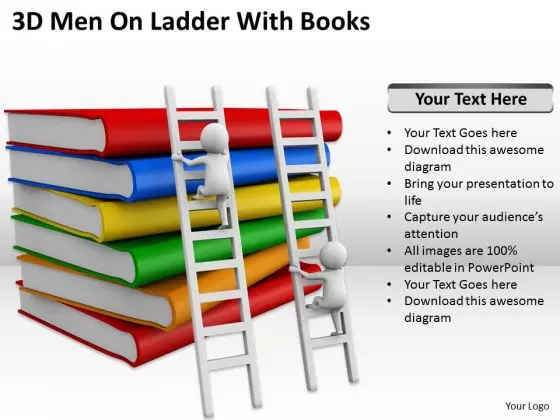 Successful Business People 3d Men On Ladder With Books PowerPoint Templates