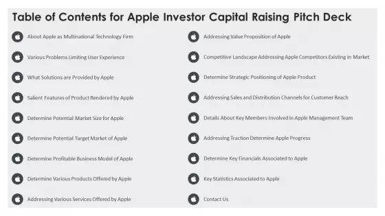 Table Of Contents For Apple Investor Capital Raising Pitch Deck Mockup PDF
