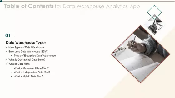 Table Of Contents For Data Warehouse Analytics App Slide Background PDF