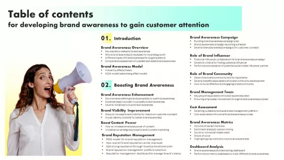 Table Of Contents For Developing Brand Awareness To Gain Customer Attention Brochure PDF