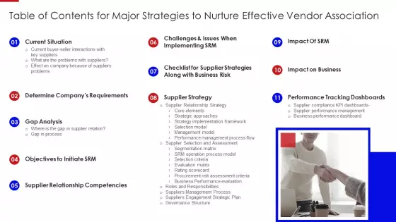Table Of Contents For Major Strategies To Nurture Effective Vendor Association Diagrams PDF