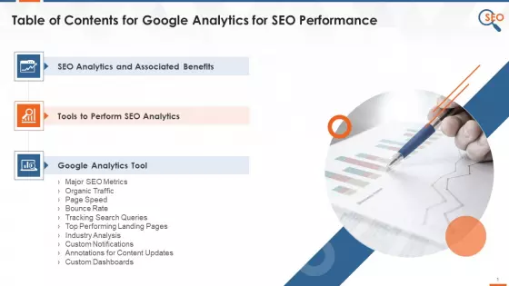 Table Of Contents For SEO Tool Google Analytics Training Ppt
