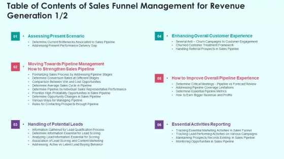 Table Of Contents Of Sales Funnel Management For Revenue Generation Portrait PDF
