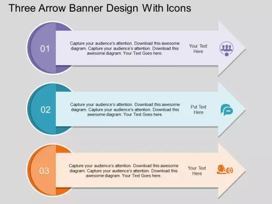 Three Arrow Banner Design With Icons Powerpoint Template
