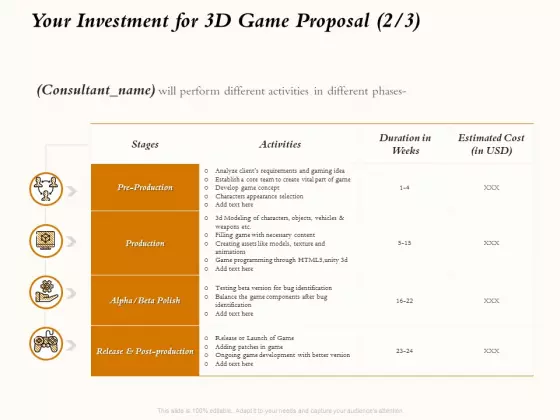 Three Dimensional Games Proposal Your Investment For 3D Game Proposal Cost Ppt Inspiration Themes PDF