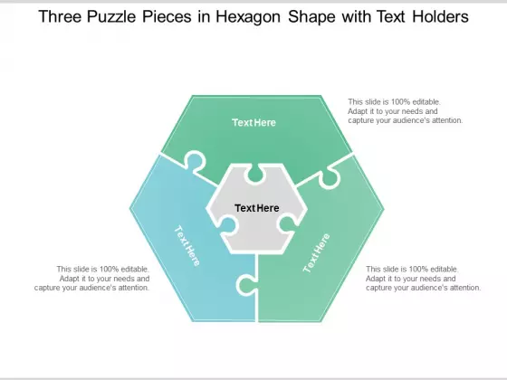 Three Puzzle Pieces In Hexagon Shape With Text Holders Ppt Powerpoint Presentation Inspiration Graphics Example