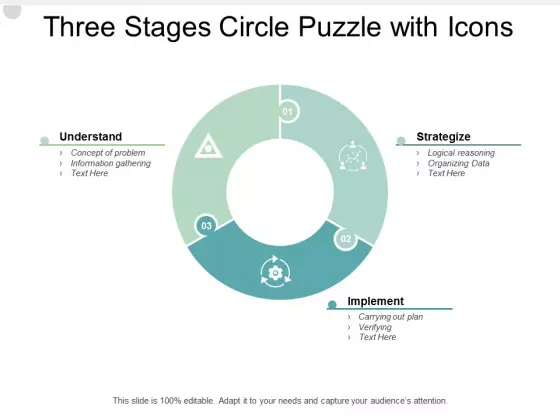 Three Stages Circle Puzzle With Icons Ppt PowerPoint Presentation Inspiration Clipart Images