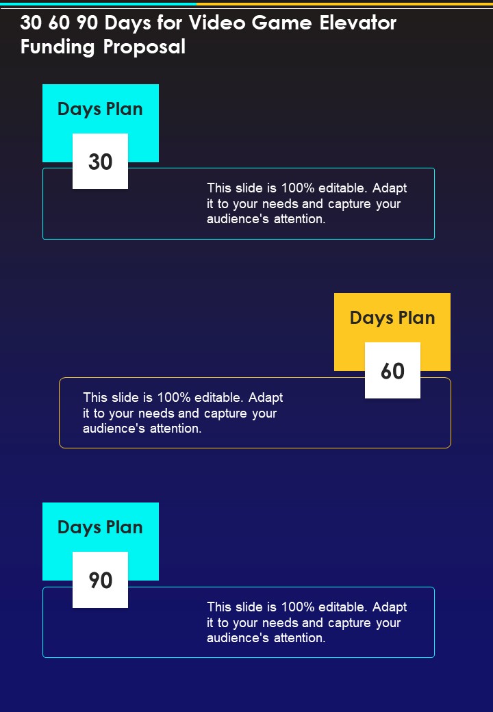 30 60 90 Days For Video Game Elevator Funding Proposal One Pager Sample Example Document Slide01