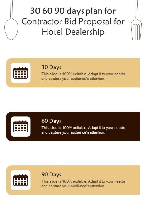 30 60 90 Days Plan For Contractor Bid Proposal For Hotel Dealership One Pager Sample Example Document Slide01