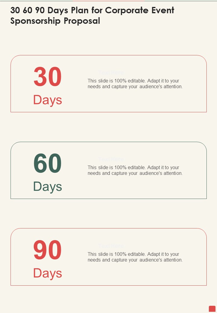 30 60 90 Days Plan For Corporate Event Sponsorship Proposal One Pager Sample Example Document Slide01