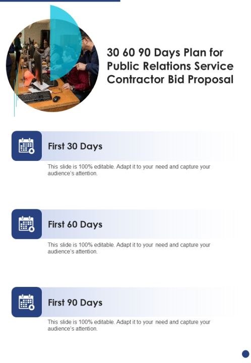 30 60 90 Days Plan For Public Relations Service Contractor Bid Proposal One Pager Sample Example Document Slide01