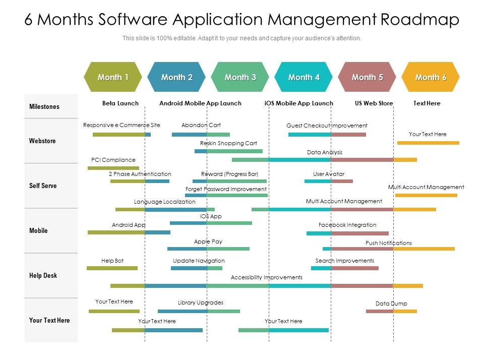 6 Months Software Application Management Roadmap Diagrams