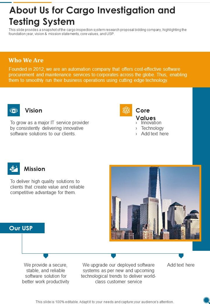 About Us For Cargo Investigation And Testing System One Pager Sample