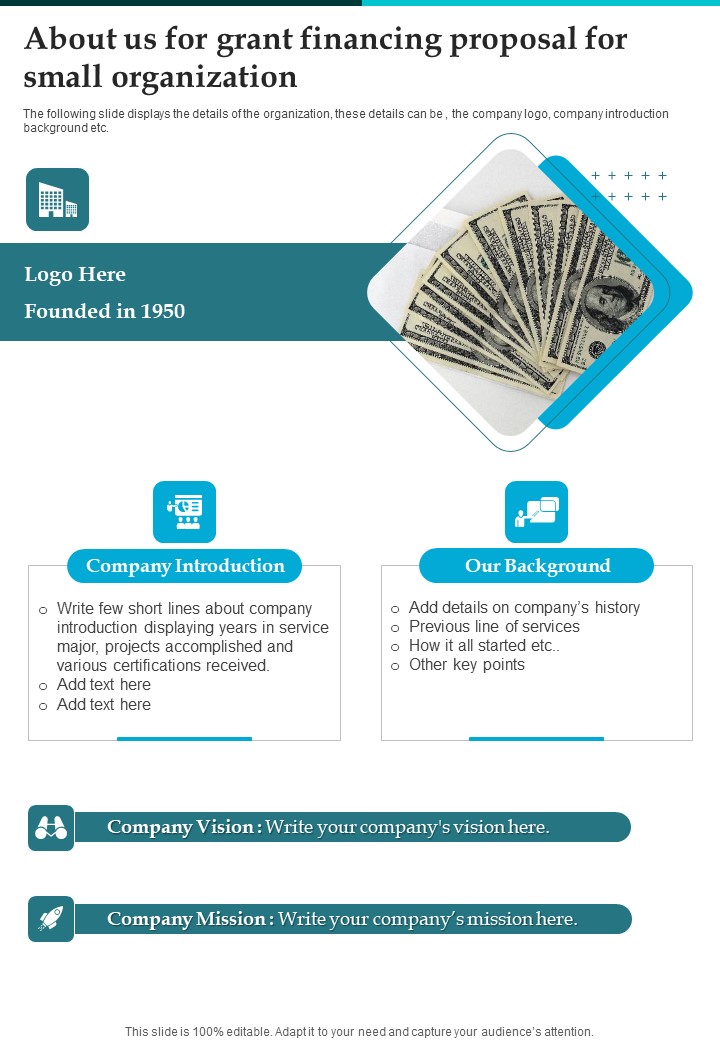 About Us For Grant Financing Proposal For Small Organization One Pager Sample Example Document Slide01