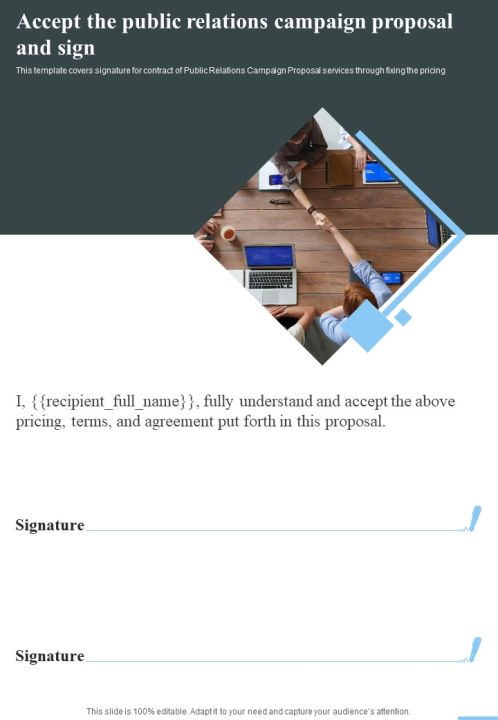 Accept The Public Relations Campaign Proposal And Sign One Pager Sample Example Document Slide01