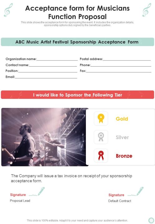 Acceptance Form For Musicians Function Proposal One Pager Sample Example Document Slide01
