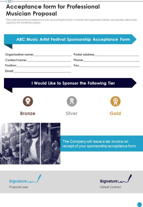 Acceptance Form For Professional Musician Proposal One Pager Sample Example Document Slide01