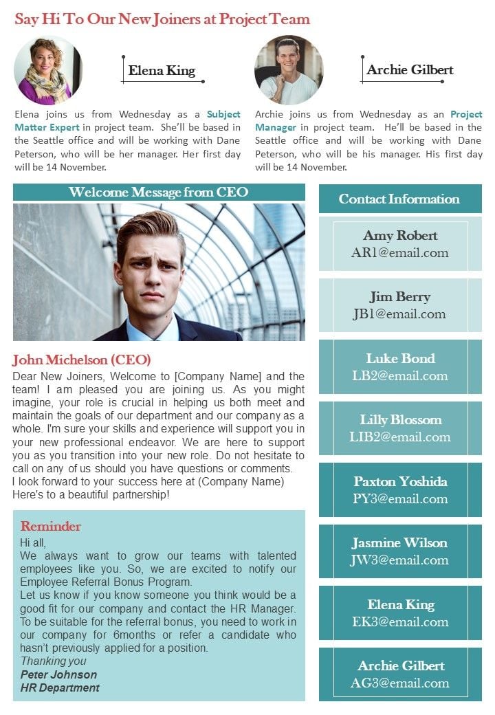 Bifold One Pager New Joinees Newsletter Template