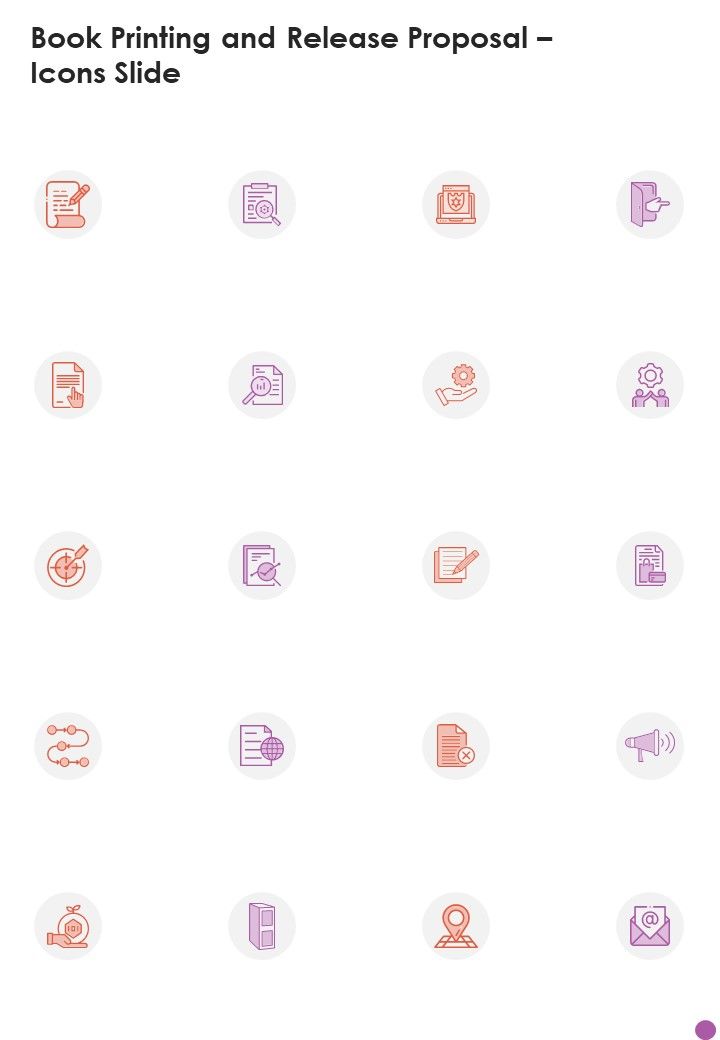 Book Printing And Release Proposal Icons Slide One Pager Sample Example Document Slide01