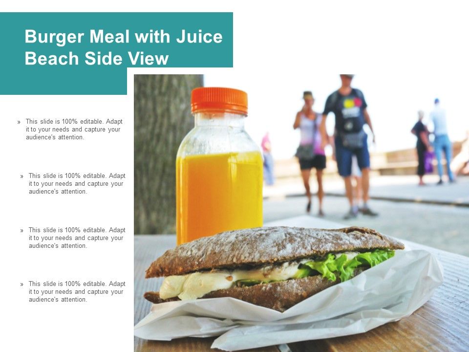 Burger Meal With Juice Beach Side View Ppt PowerPoint Presentation Summary Icons Slide01
