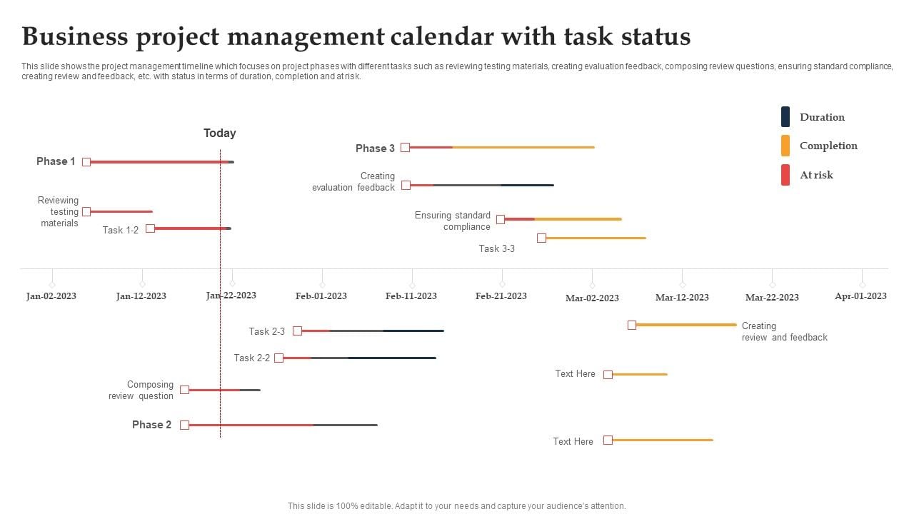 Business Project Management Calendar With Task Status Ppt Infographic ...