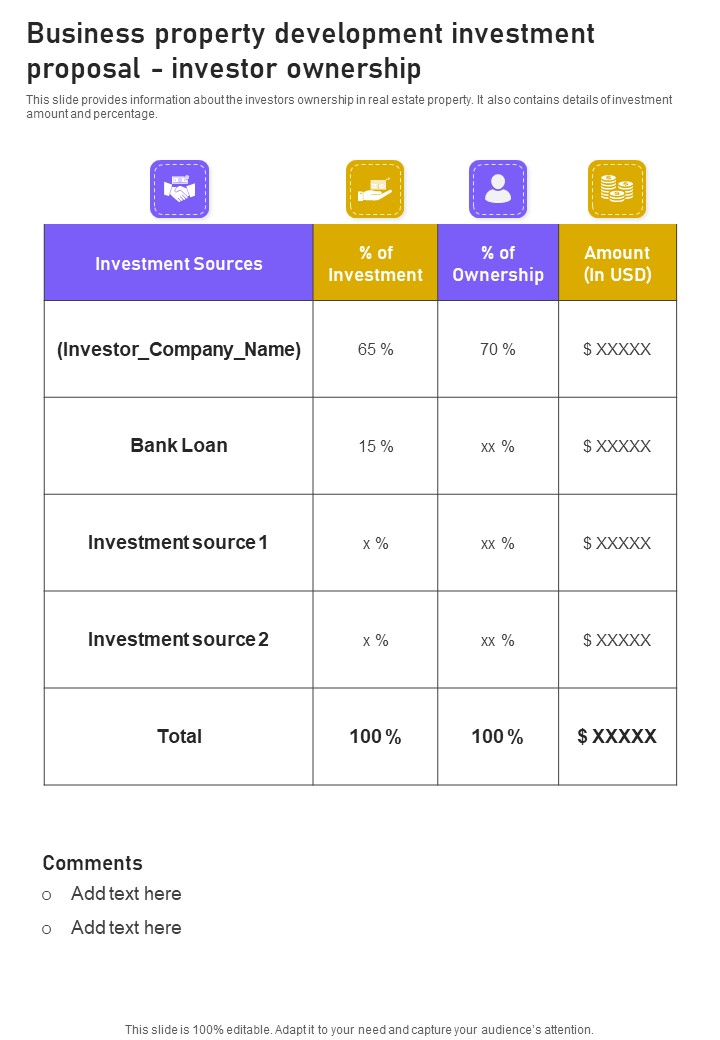 Business Property Development Investment Proposal Investor Ownership One Pager Sample Example Document Slide01