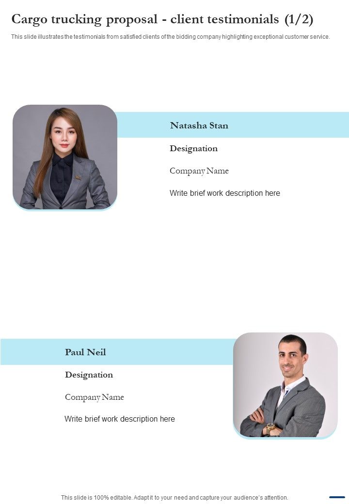 Cargo Trucking Proposal Client Testimonials One Pager Sample Example