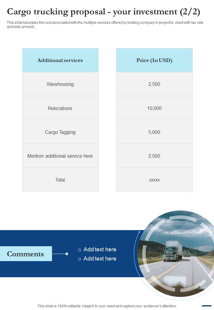 Cargo Trucking Proposal Your Investment One Pager Sample Example Document
